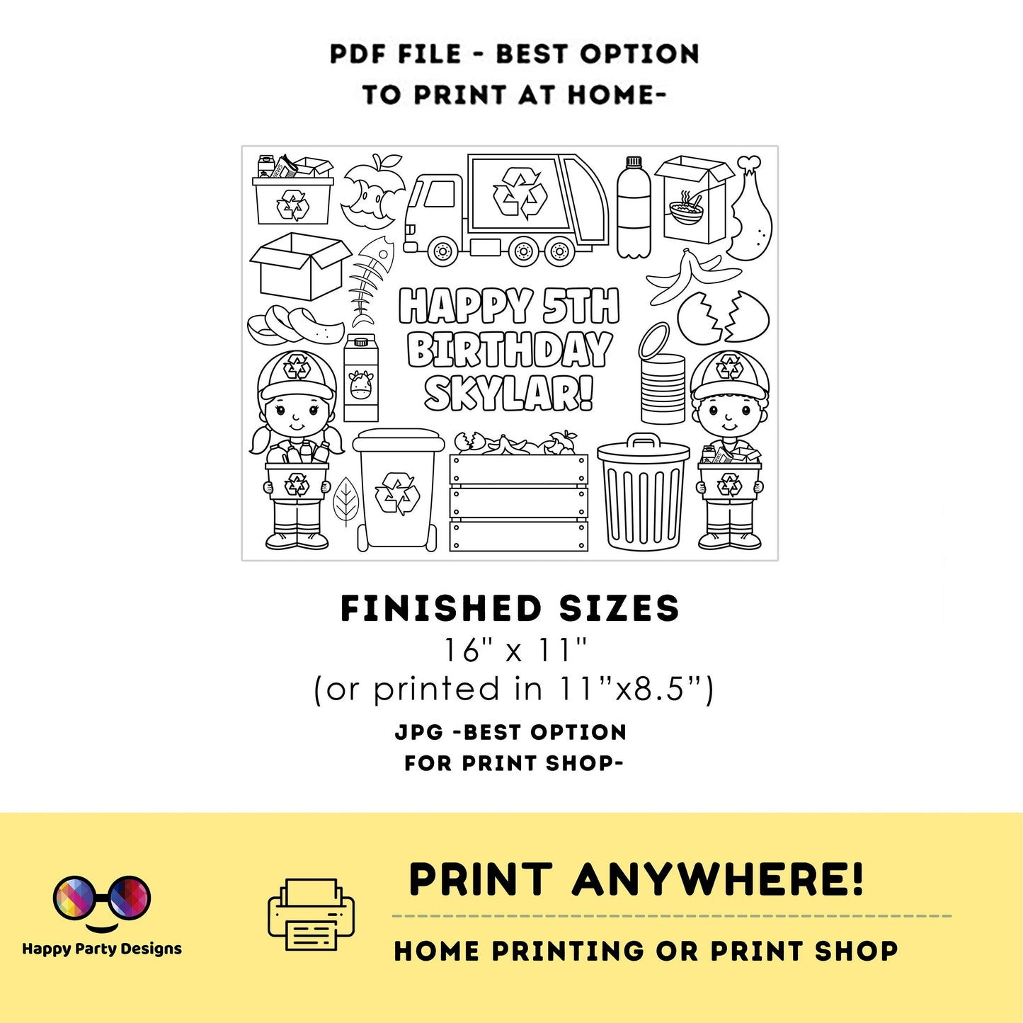 Editable garbage truck coloring page | kids Placemat coloring page | Any Age | recycling birthday | Game garbage truck Party Activity #K110