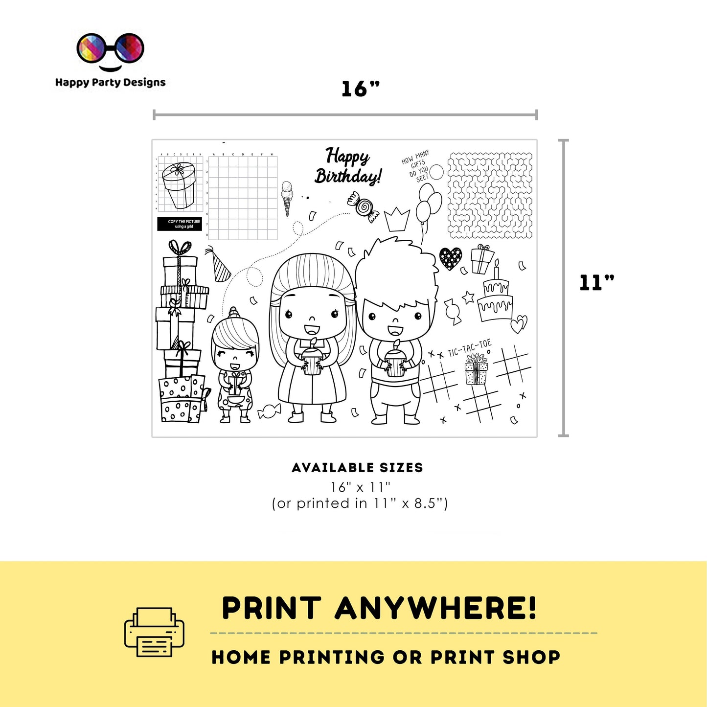 Printable Happy birthday Party Coloring Page | Birthday Activity | Placemat | table mat | Printable Party Games | Activity for kids #K126