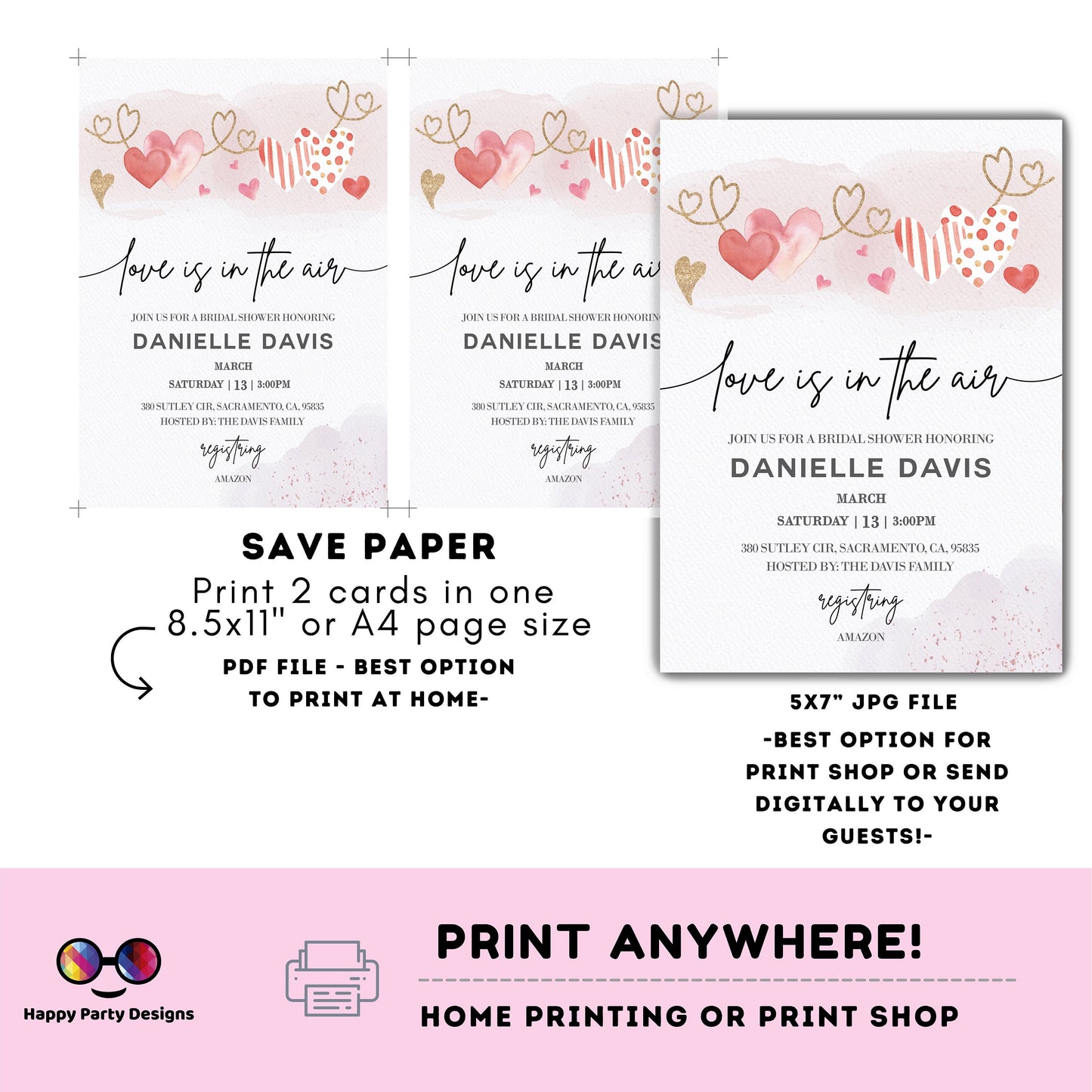 Love is in the air Bridal Shower Invitation Pink Gold Hearts | Bridal Invitation | Bridal Valentines | Pink and Gold Heart Printable #W22