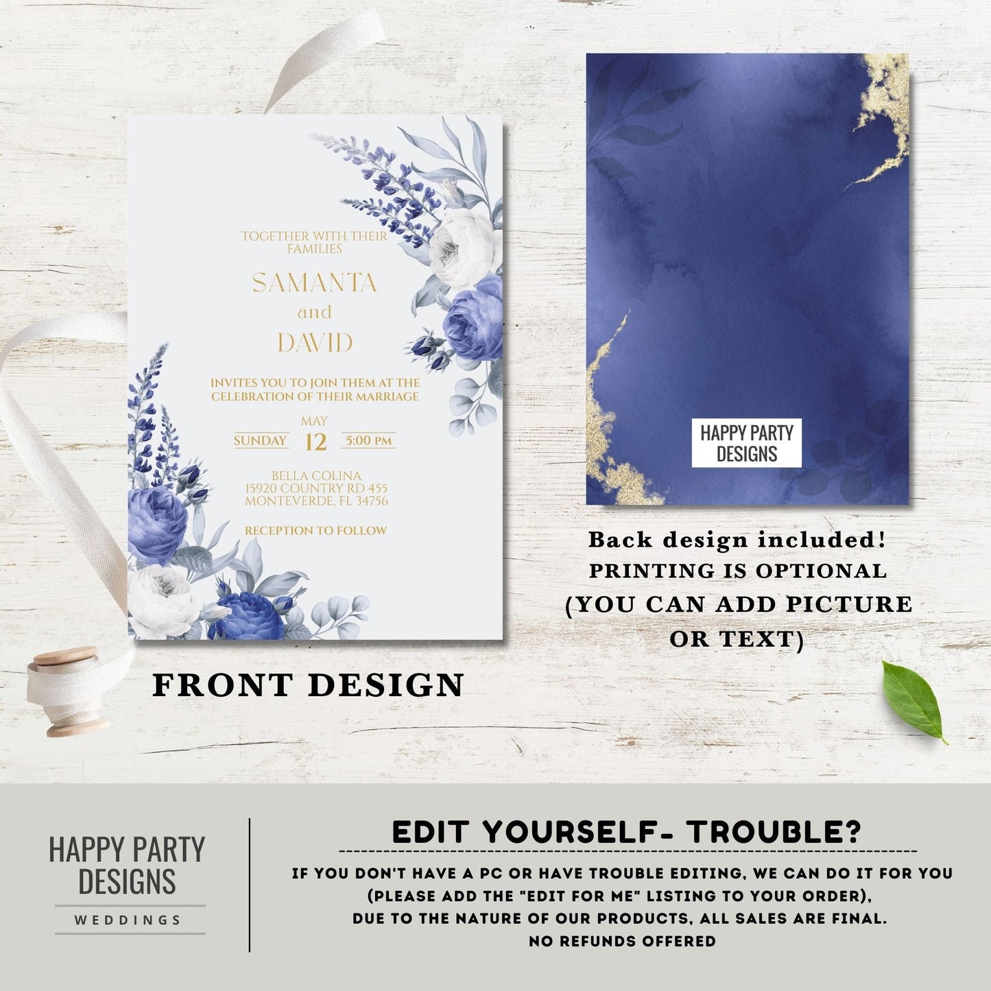 Editable Royal Blue Floral Invitation set | wedding invitation suite template | Navy floral Invitation bundle | details and RSVP #W24