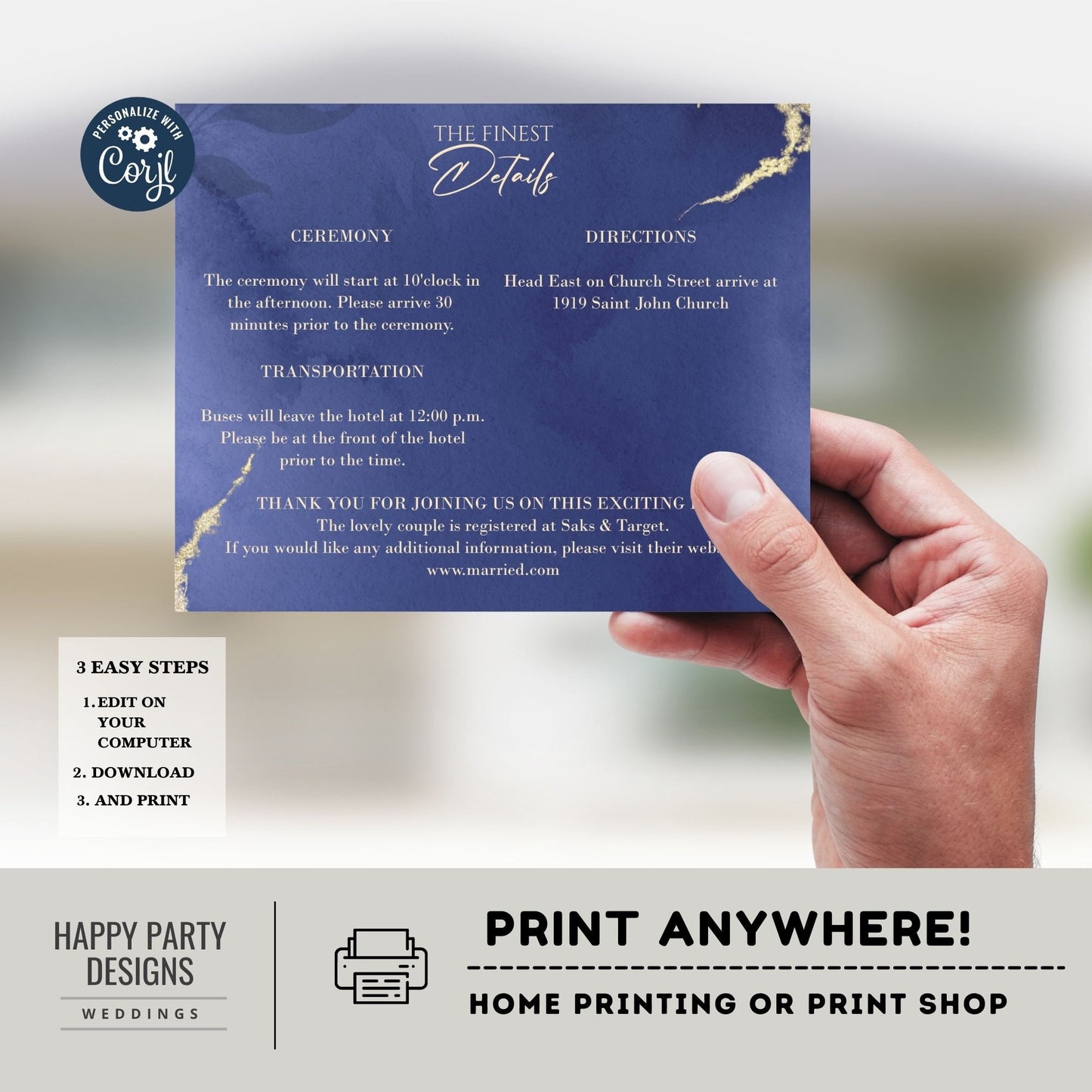Editable Royal Blue Floral Invitation set | wedding invitation suite template | Navy floral Invitation bundle | details and RSVP #W24