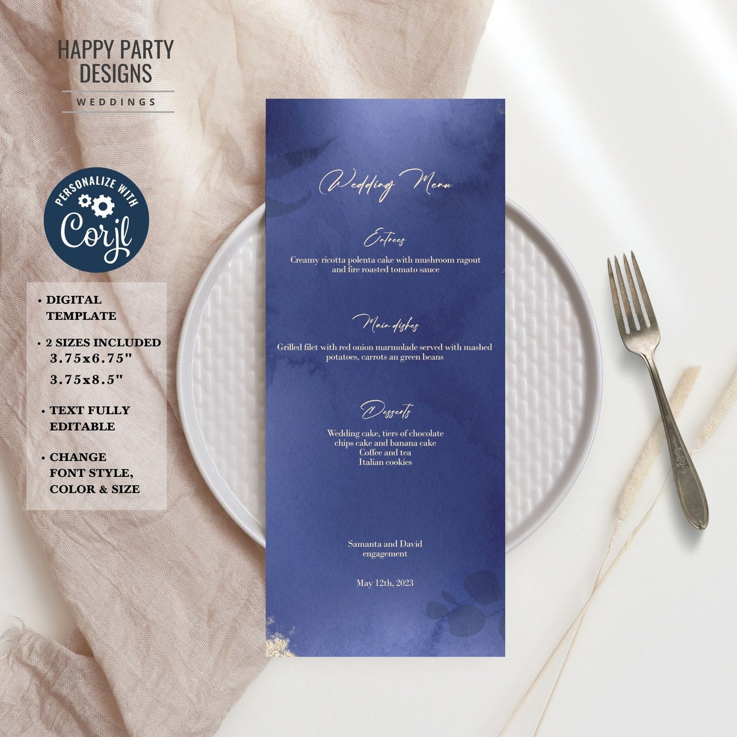 Editable floral Wedding Menu Template | Royal blue, Navy blue, white Elegant Wedding Menu, Printable, Fully Editable, INSTANT Download #W24