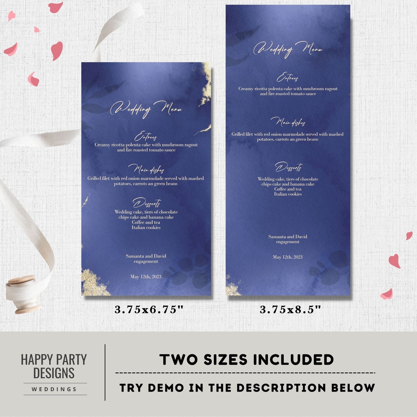 Editable floral Wedding Menu Template | Royal blue, Navy blue, white Elegant Wedding Menu, Printable, Fully Editable, INSTANT Download #W24