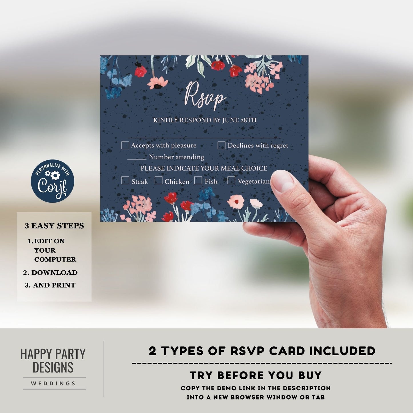Editable Navy Blue Floral Invitation set | wedding invitation suite template | Navy floral Invitation bundle | details and RSVP #W25