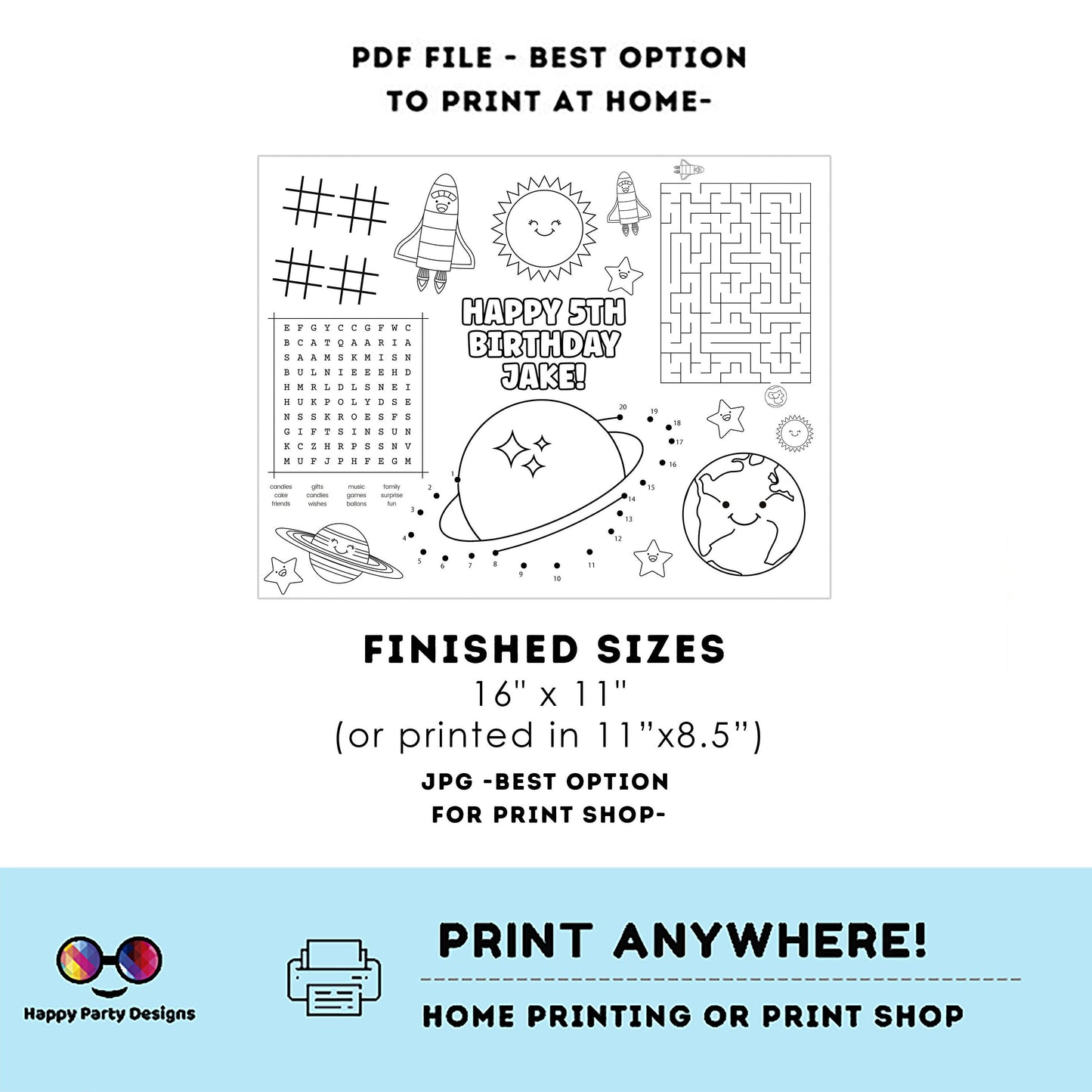 Editable First Trip Around the Sun party coloring page | Outer Space party Activity games BOY Astronaut Activity Page Placemat #K57