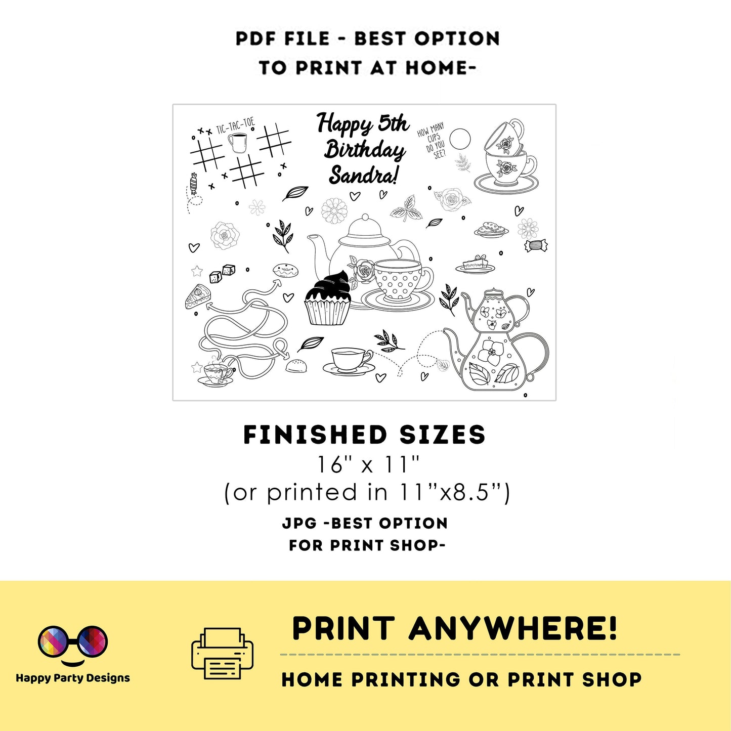 Editable tea party coloring page | tea party coloring page | tea birthday party coloring page | tea time birthday party #K182