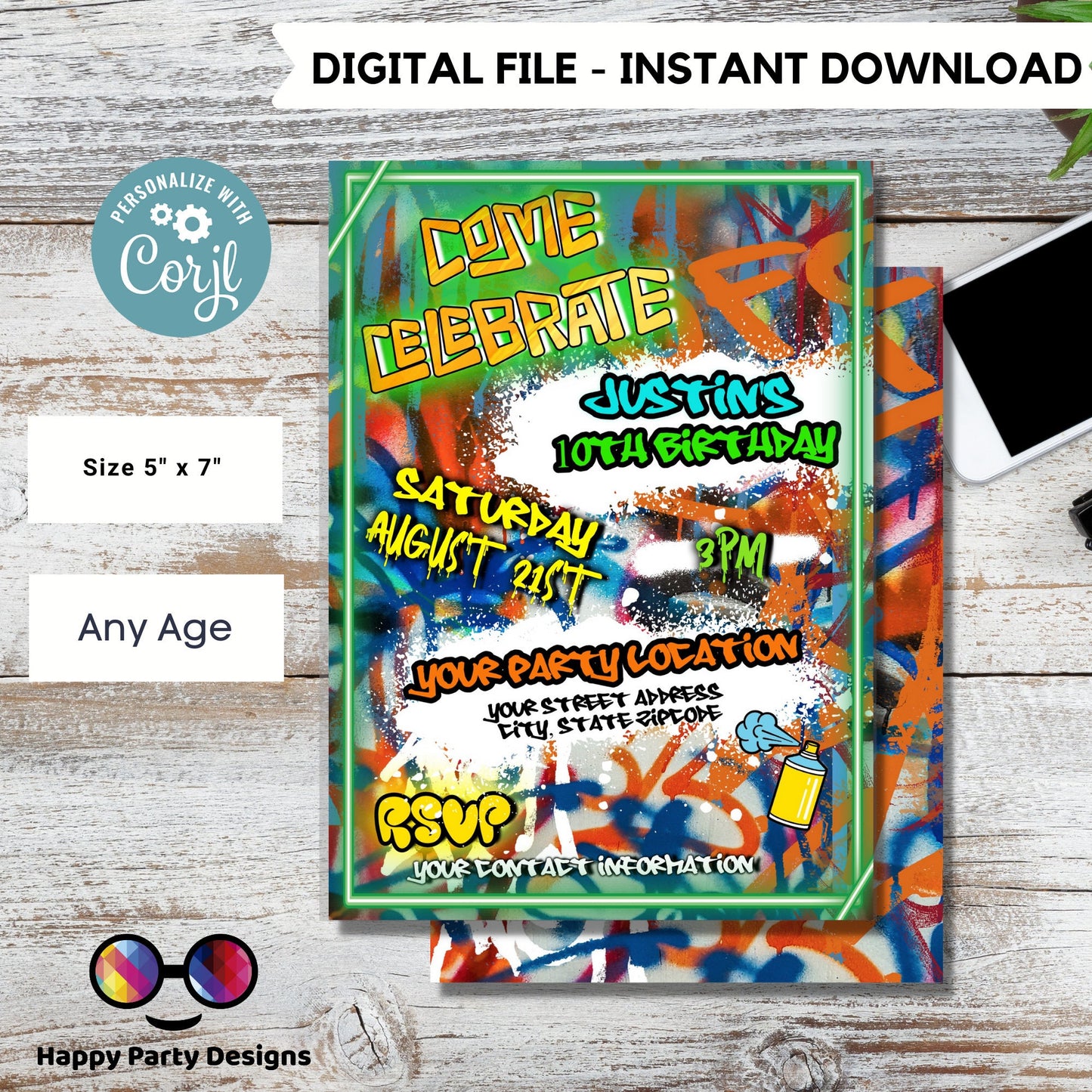 Editable Neon Graffiti invitation | Digital graffiti printable invite | Birthday boy | Graffiti Invitation | Personalize Online #K1