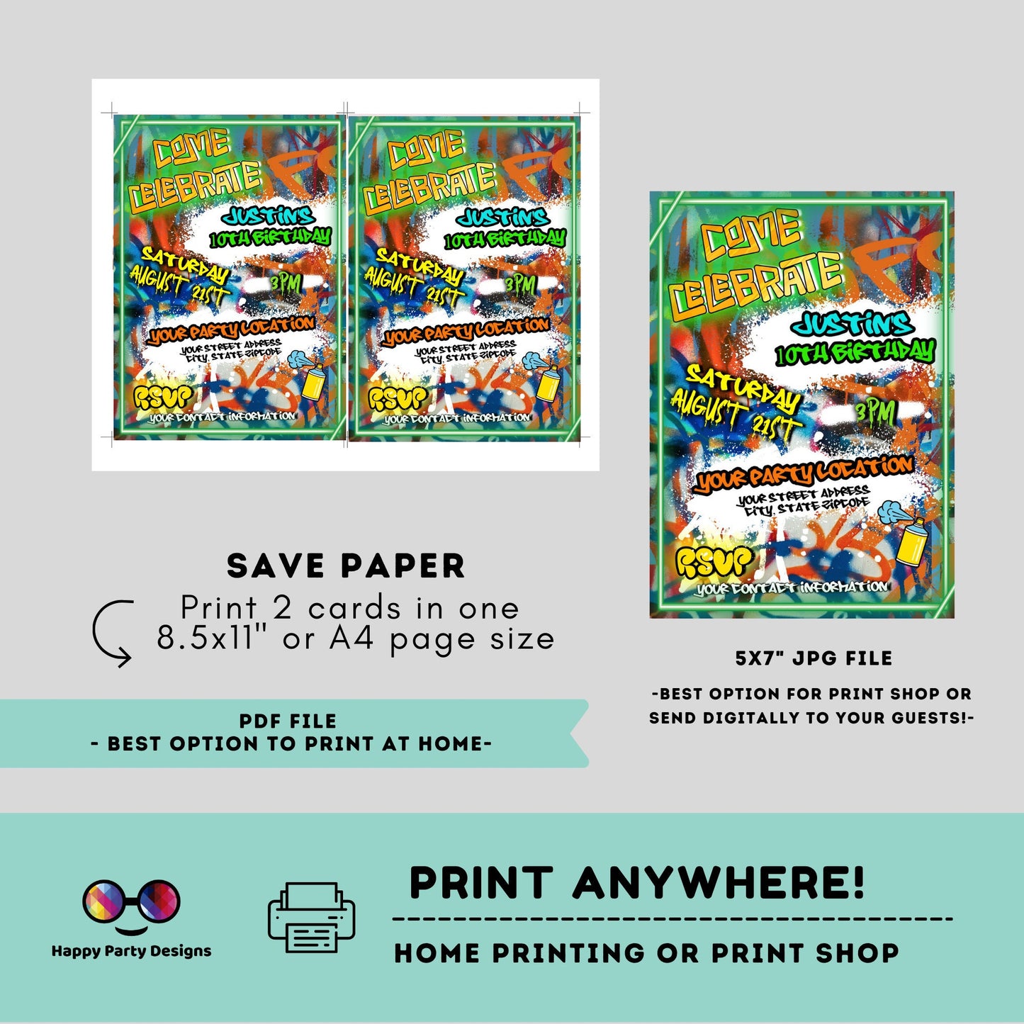 Editable Neon Graffiti invitation | Digital graffiti printable invite | Birthday boy | Graffiti Invitation | Personalize Online #K1