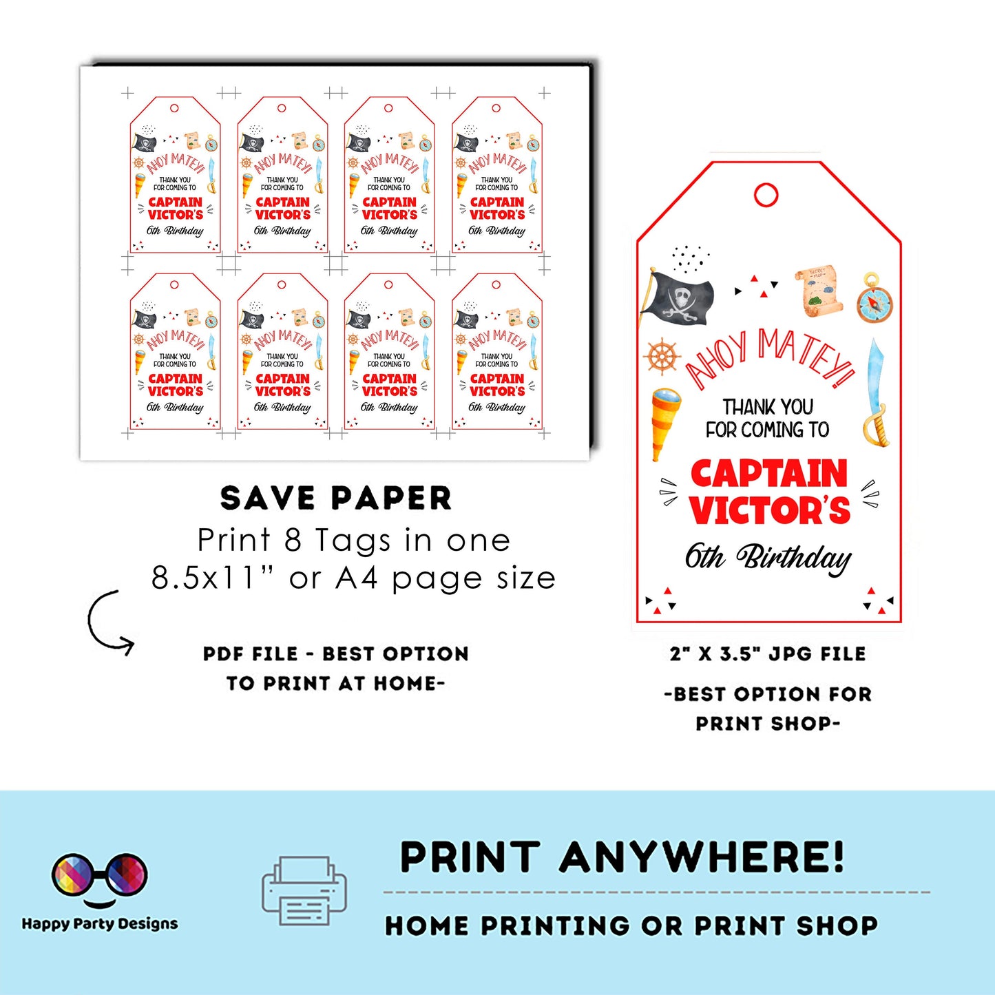 Editable pirate Thank You Favor Tag | Captain Printable Gift Tag | Ahoy Matey Birthday boy | Pirate Bday Template #K108