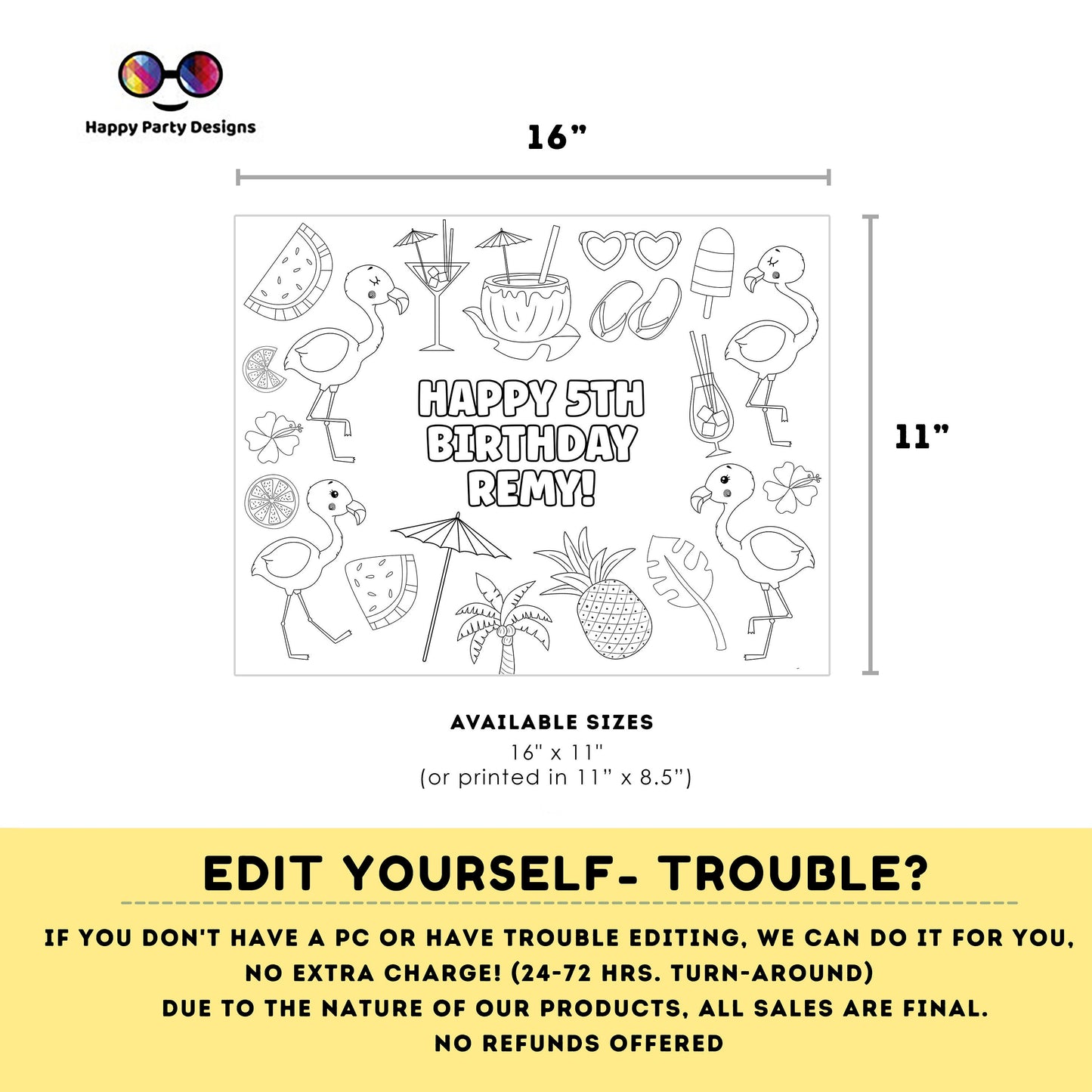 Editable Flamingo coloring page | Placemat coloring page | Any Age | Flamingo birthday | Tropical Party Activity #K114