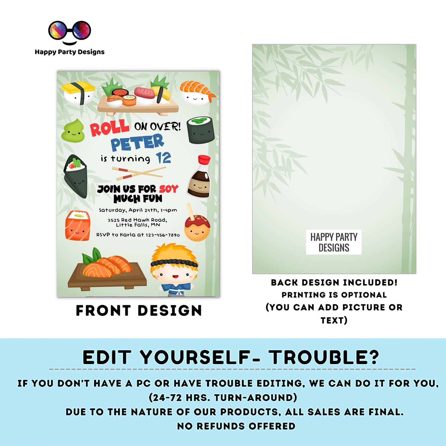 Editable Sushi Birthday party invitation | Sushi invitation | Any Age | Cute Sushi birthday | Cute Sushi Party | Sushi Birthday #K91
