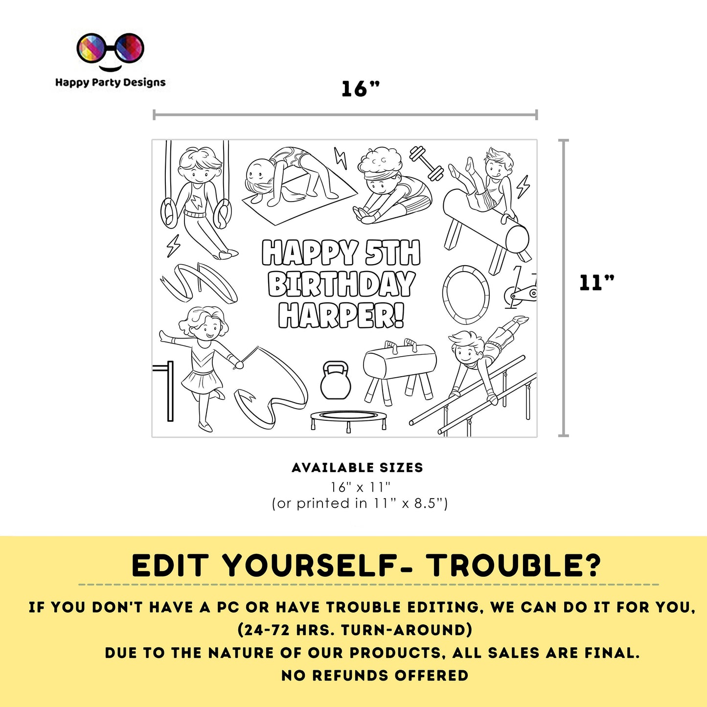Editable Gymastics coloring page | Placemat coloring page | Any Age | Gymnastics coloring page | Flip, tumble, Jump and Play Party #K231