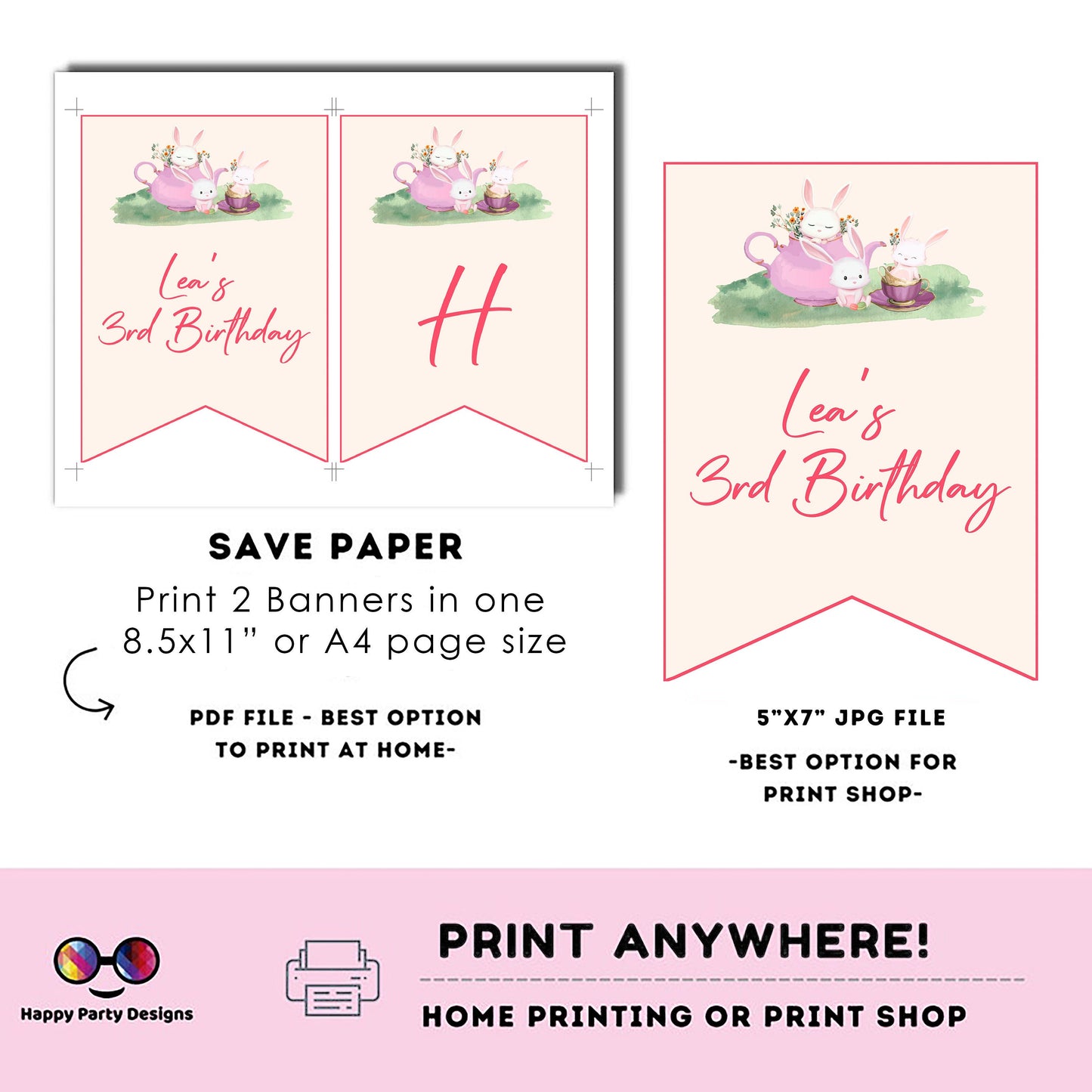 Editable tea party happy birthday banner | birthday | baby shower | tea for three | banner | Gift Tag | Template | Baby | garland #K120