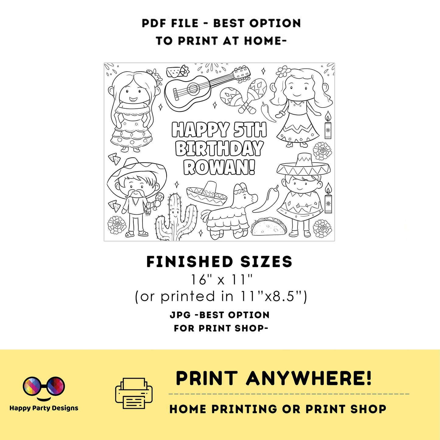Editable Cinco de Mayo party coloring page | Mexican placemat | Any Age | Mexican birthday | Fiesta Coloring Pages | Mexican party #K295