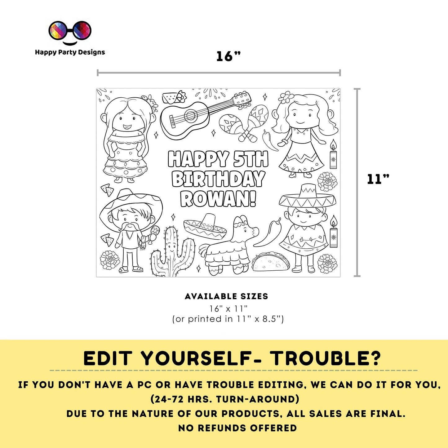Editable Cinco de Mayo party coloring page | Mexican placemat | Any Age | Mexican birthday | Fiesta Coloring Pages | Mexican party #K295