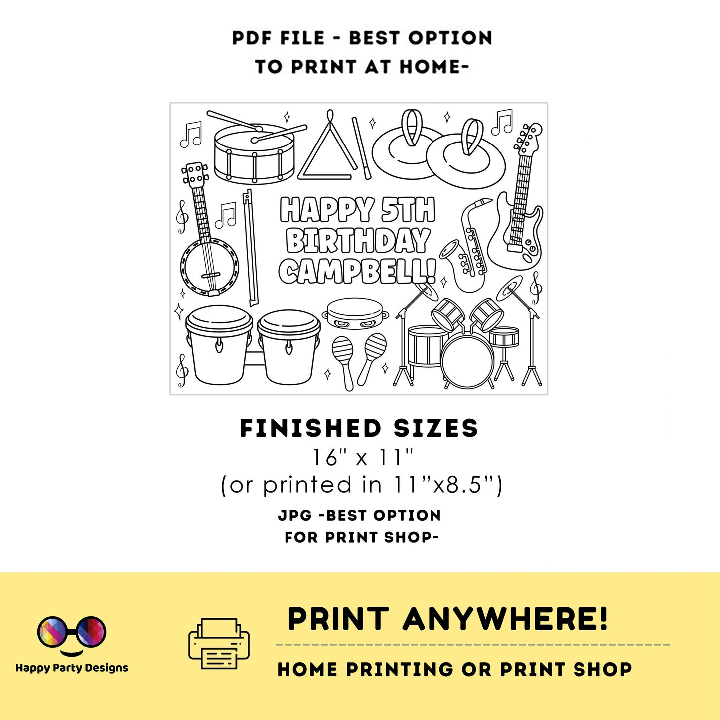 Editable musical instruments party coloring page | music placemat | Any Age | music birthday | Instruments Coloring Pages Music party #K256