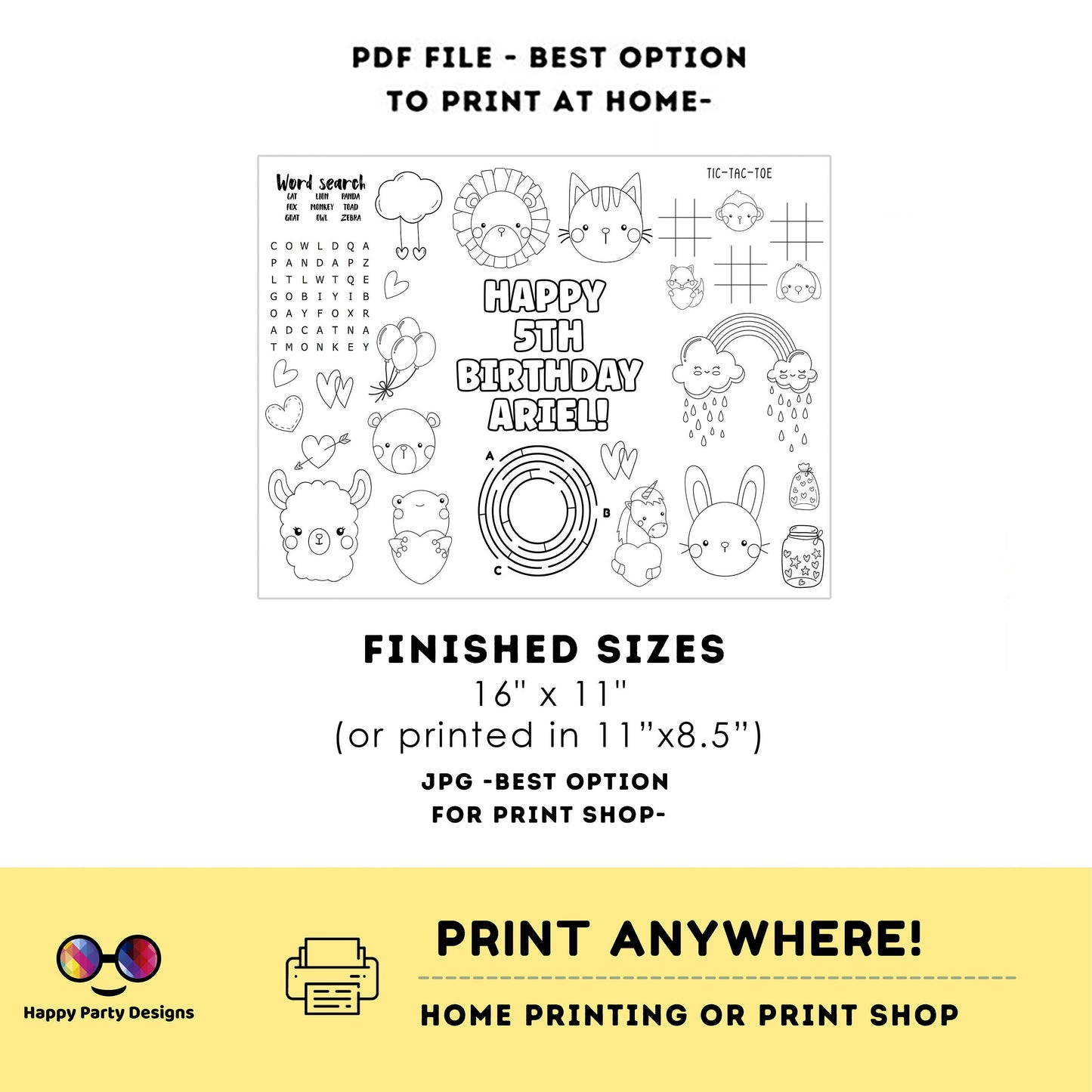 Editable Safari baby animals coloring page | First birthday | Any Age | Valentines Animals Birthday Party | One Birthday Zoo Jungle #K202