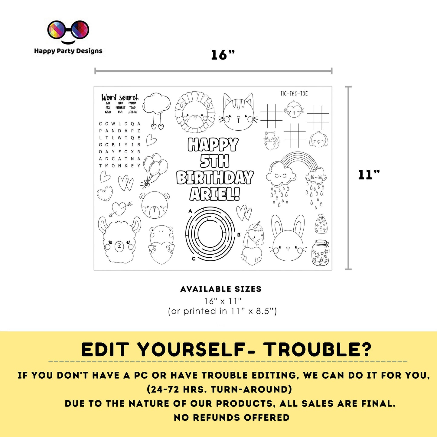 Editable Safari baby animals coloring page | First birthday | Any Age | Valentines Animals Birthday Party | One Birthday Zoo Jungle #K202