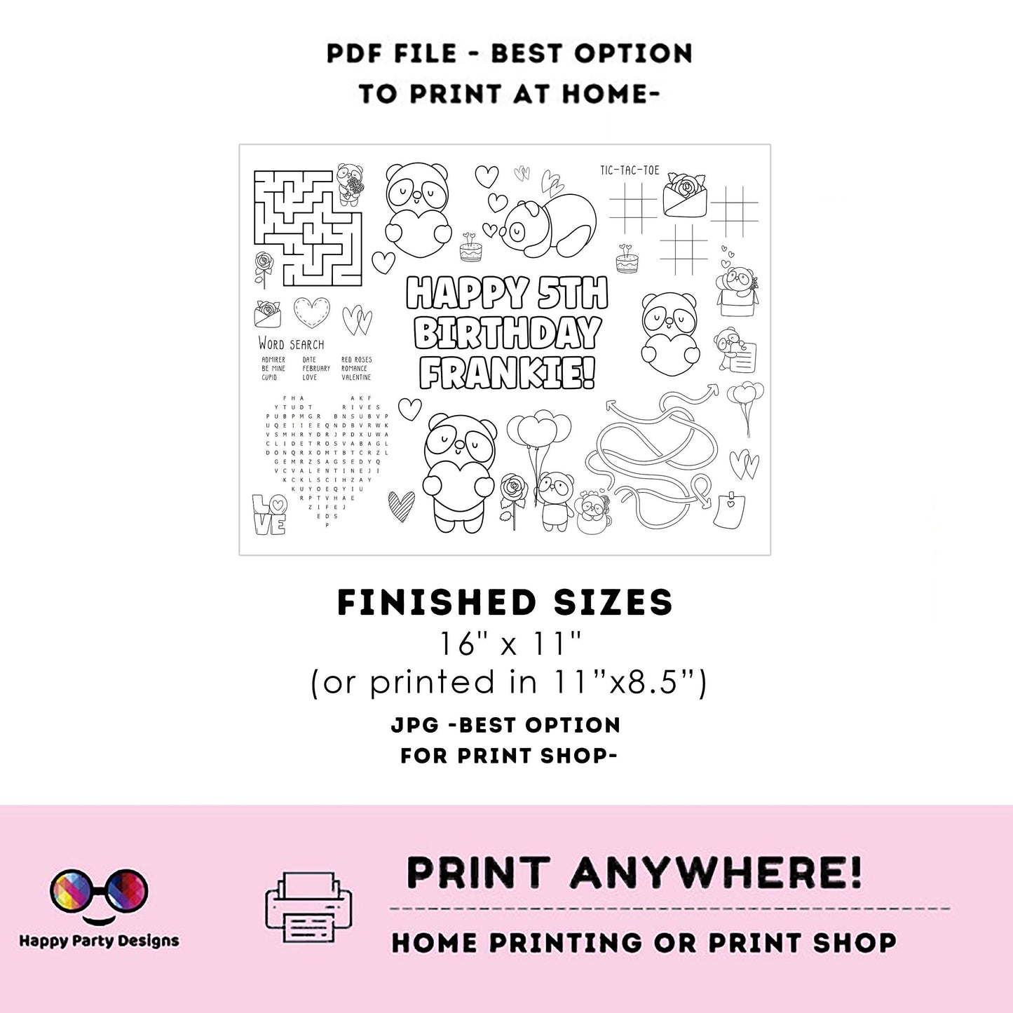 Editable cute panda coloring page | Valentine's | Any Age | Valentines Animals Birthday Party | Coloring page | Activity for kids #K297