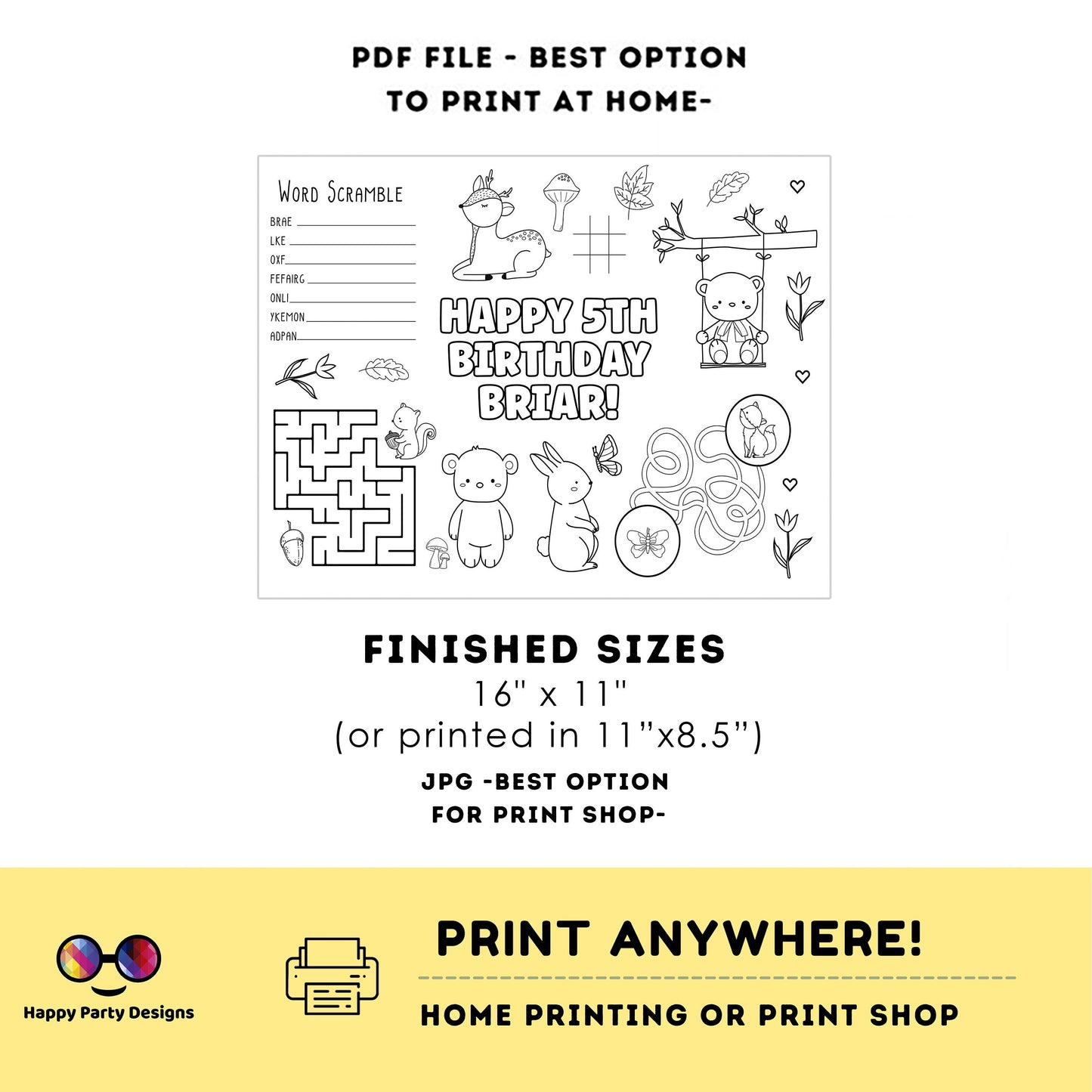 Editable woodland baby animals coloring page | First birthday | Any Age | Forest Animals Birthday Party | Teddy bear, bunny, reindeer #B16