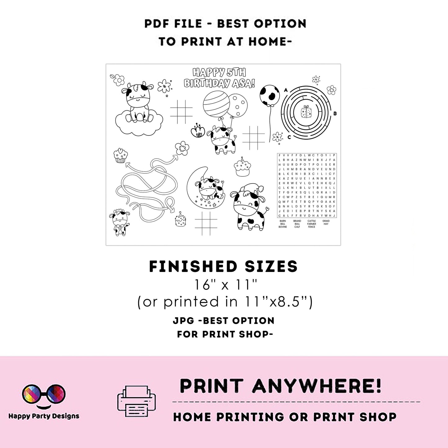 Editable Cow baby coloring page | First birthday | Any Age | baby elephant | Birthday Party | Baby shower | farm #K147