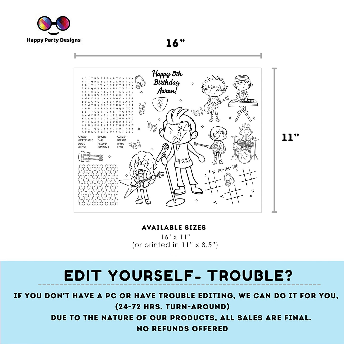 Editable Rockstar Birthday coloring page | Placemat coloring page | Any Age | Rock and Roll birthday party activity | bag filler #K262