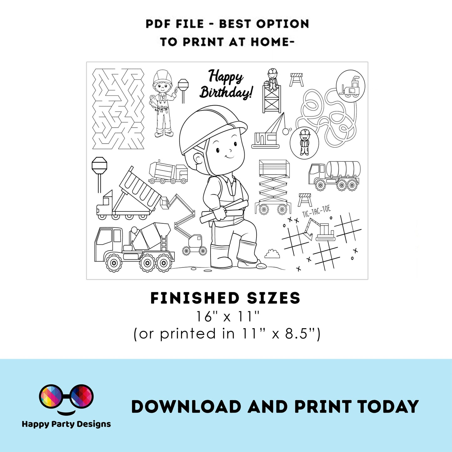 Instant download under construction coloring page | Placemat coloring page | Any Age | trucks | Party Activity | Loot Bag Party Favor