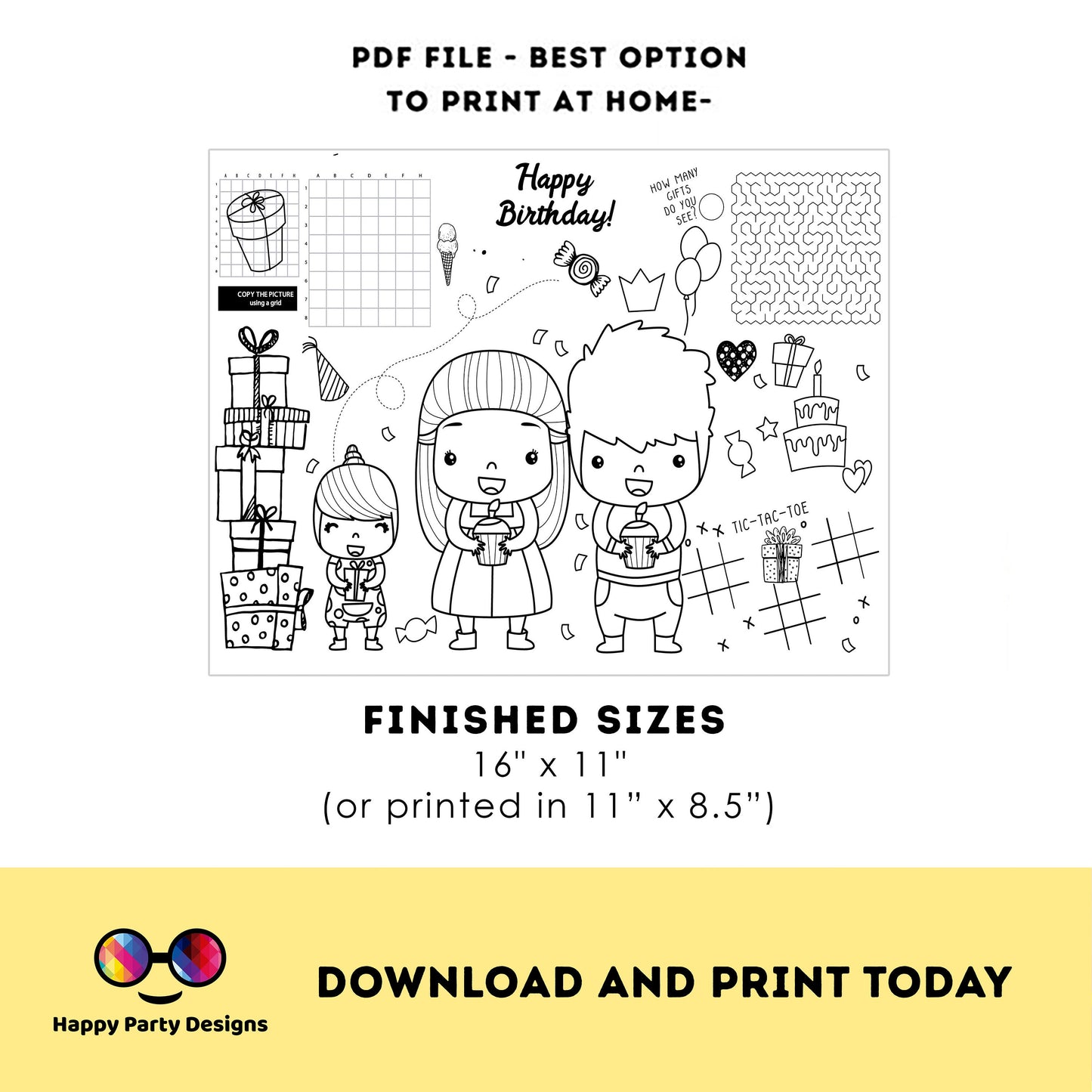 Printable Happy birthday Party Coloring Page | Birthday Activity | Placemat | table mat | Printable Party Games | Activity for kids #K126