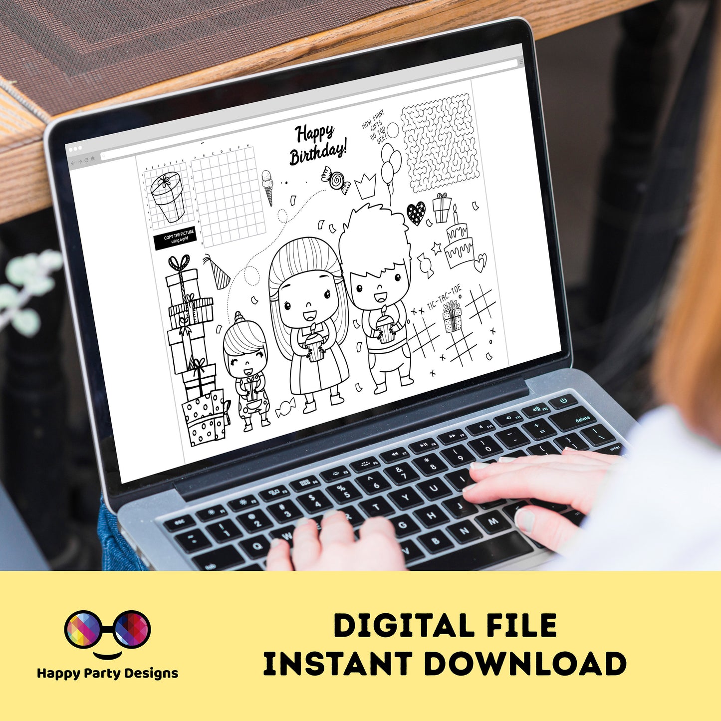 Printable Happy birthday Party Coloring Page | Birthday Activity | Placemat | table mat | Printable Party Games | Activity for kids #K126