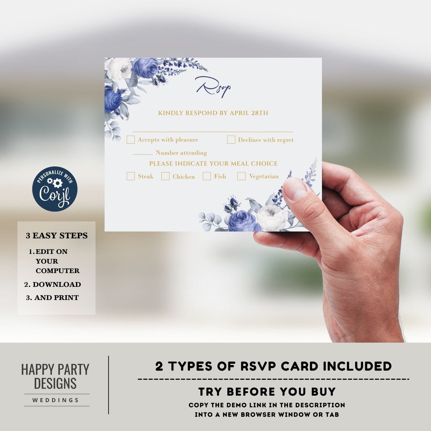 Editable Royal Blue Floral Invitation set | wedding invitation suite template | Navy floral Invitation bundle | details and RSVP #W24