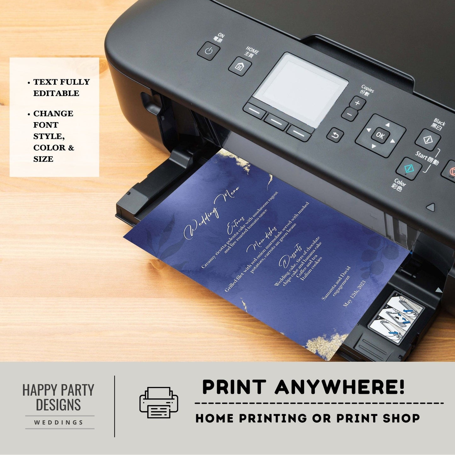 Editable floral Wedding Menu Template | Royal blue, Navy blue, white Elegant Wedding Menu, Printable, Fully Editable, INSTANT Download #W24