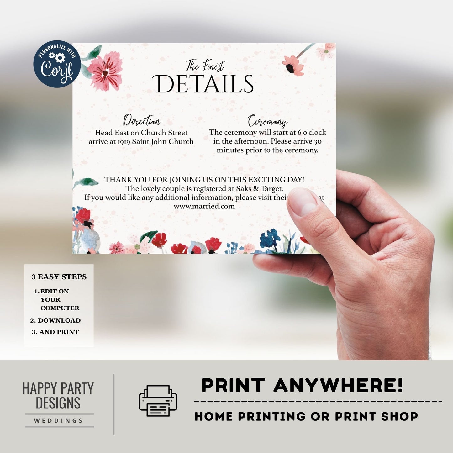 Editable Navy Blue Floral Invitation set | wedding invitation suite template | Navy floral Invitation bundle | details and RSVP #W25