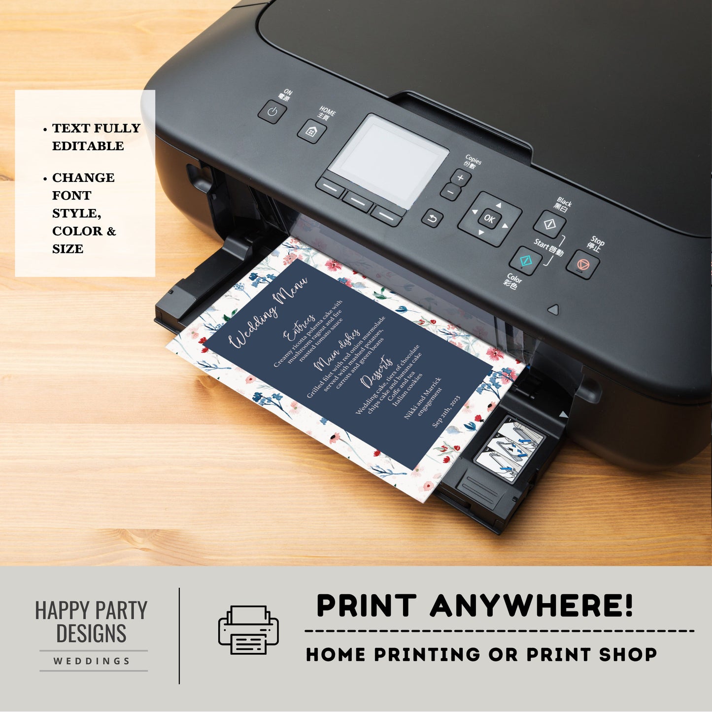 Editable floral Wedding Menu Template | Royal blue, Navy blue, white Elegant Wedding Menu, Printable, Fully Editable, INSTANT Download #W25