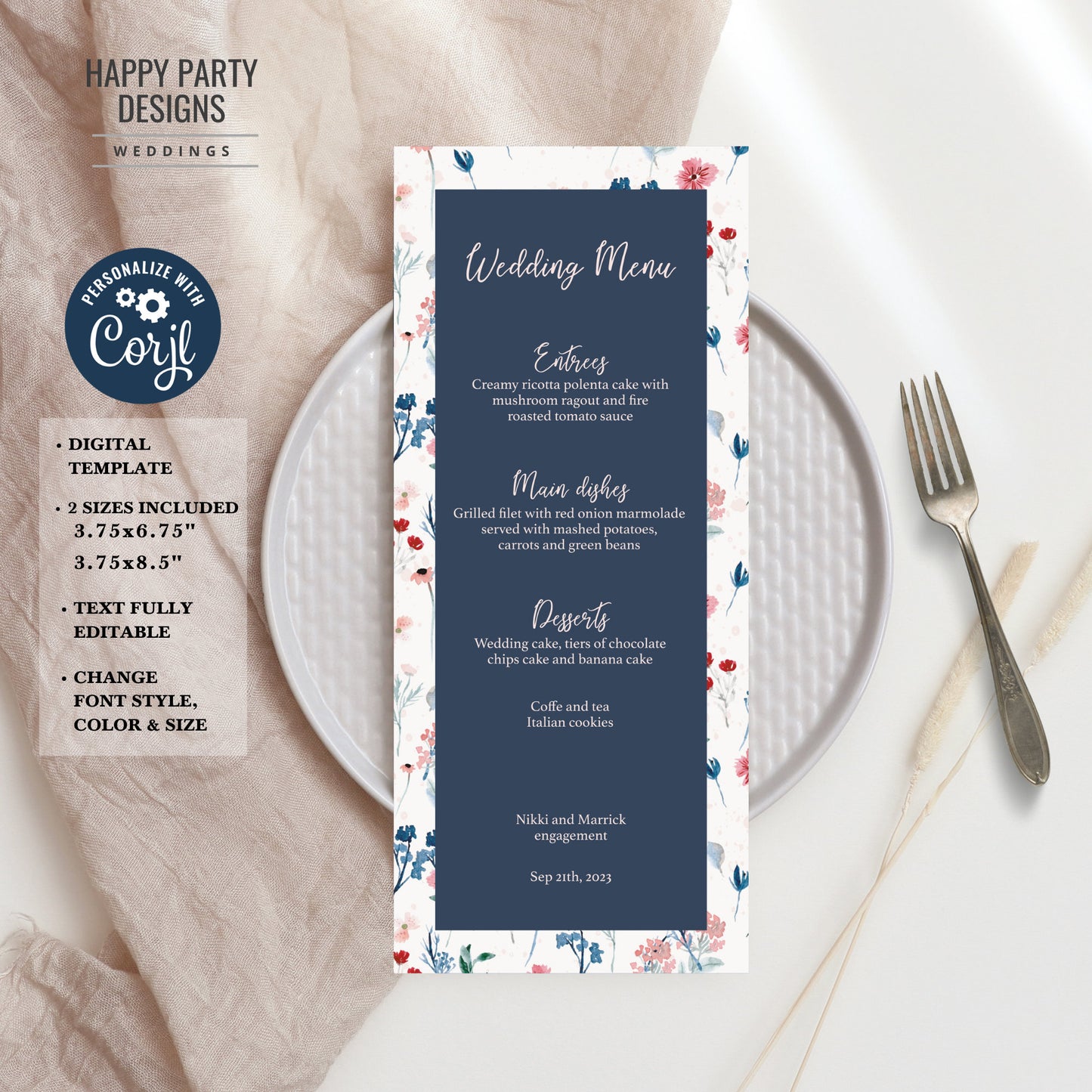 Editable floral Wedding Menu Template | Royal blue, Navy blue, white Elegant Wedding Menu, Printable, Fully Editable, INSTANT Download #W25