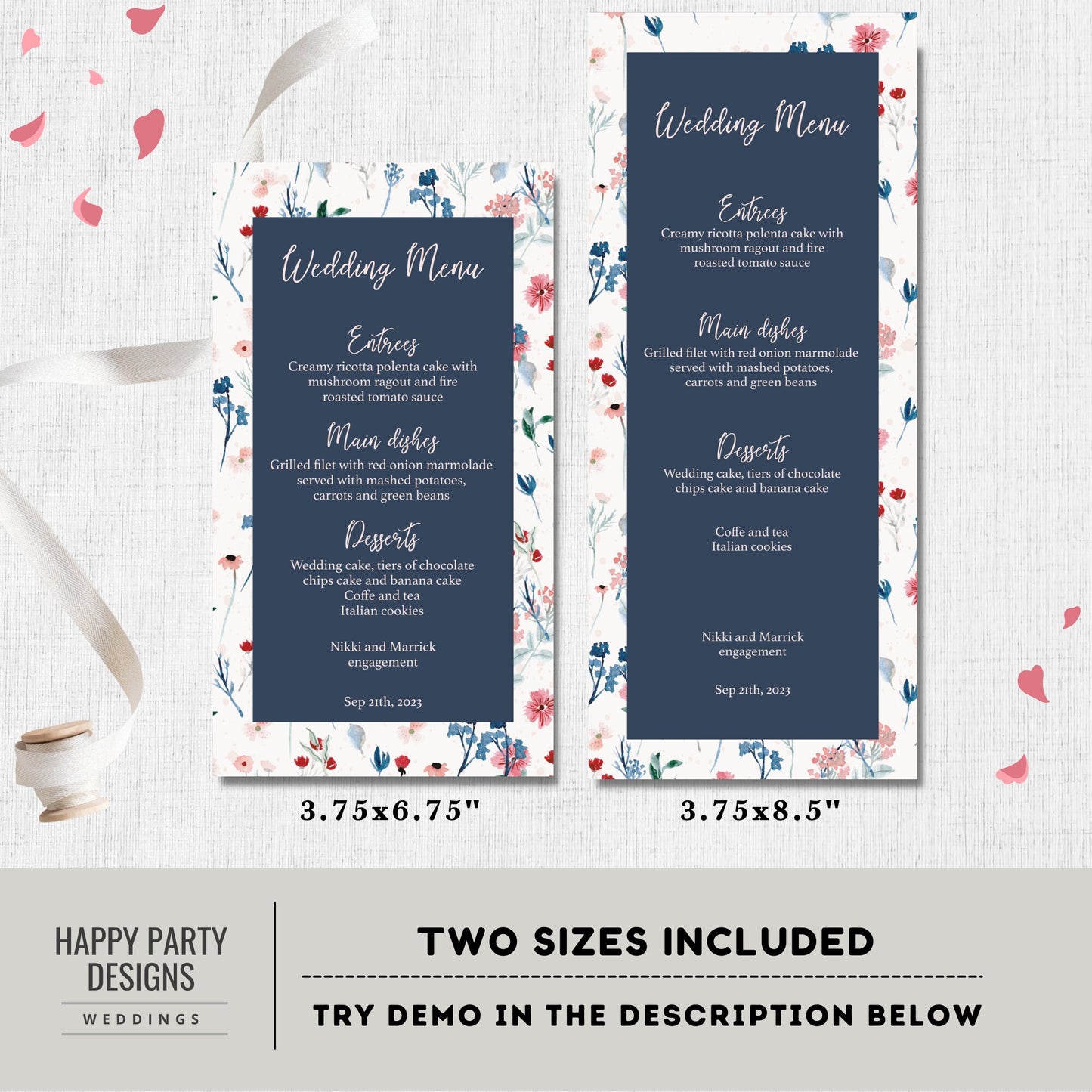 Editable floral Wedding Menu Template | Royal blue, Navy blue, white Elegant Wedding Menu, Printable, Fully Editable, INSTANT Download #W25
