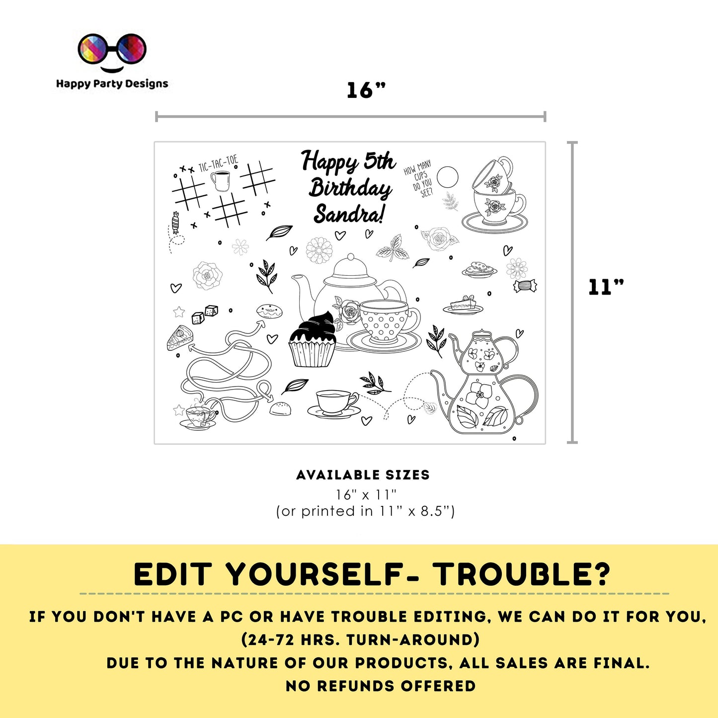 Editable tea party coloring page | tea party coloring page | tea birthday party coloring page | tea time birthday party #K182