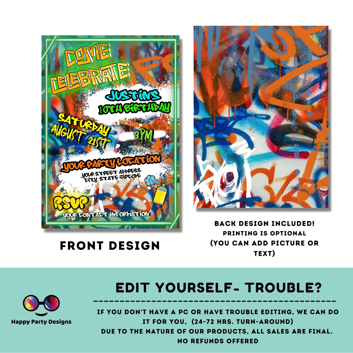 Editable Neon Graffiti invitation | Digital graffiti printable invite | Birthday boy | Graffiti Invitation | Personalize Online #K1