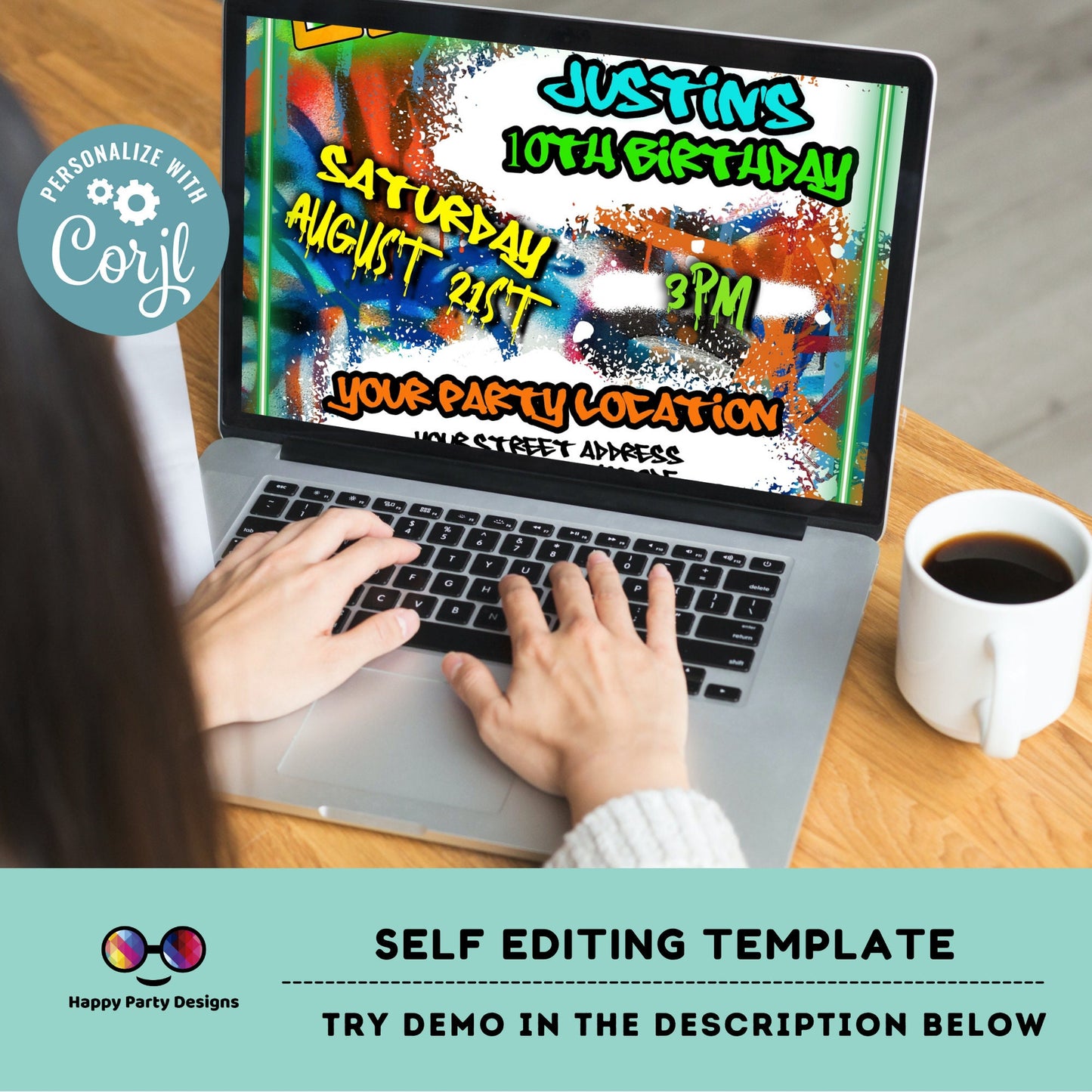 Editable Neon Graffiti invitation | Digital graffiti printable invite | Birthday boy | Graffiti Invitation | Personalize Online #K1