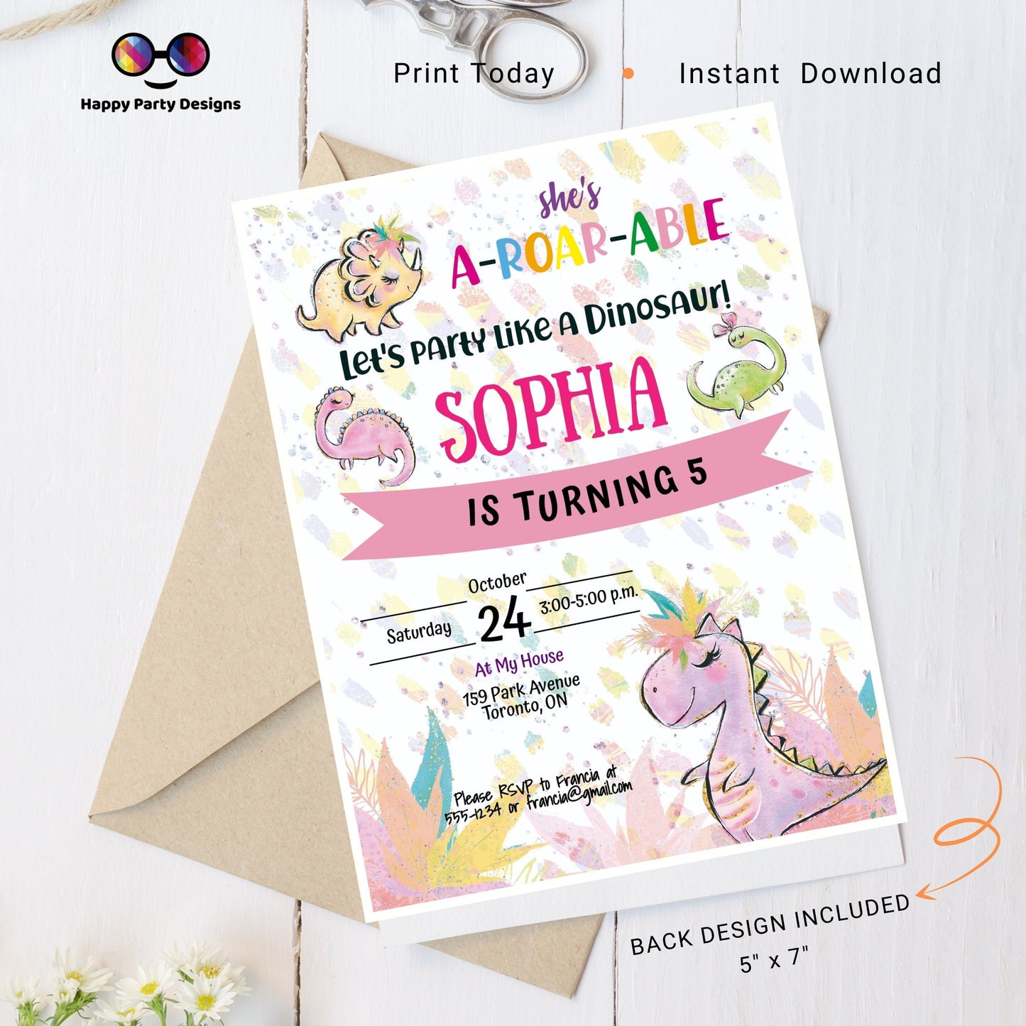 Editable Girl Dinosaur Birthday Invitation | A-Roar-able Birthday Invitation | Dino Birthday invitations | Pink Dinosaur Birthday Invitation