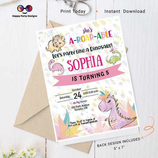 Editable Girl Dinosaur Birthday Invitation | A-Roar-able Birthday Invitation | Dino Birthday invitations | Pink Dinosaur Birthday Invitation