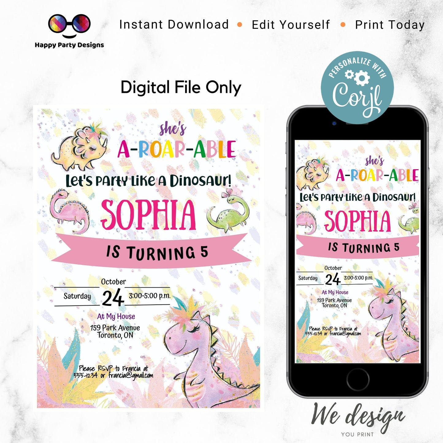 Editable Girl Dinosaur Birthday Invitation | A-Roar-able Birthday Invitation | Dino Birthday invitations | Pink Dinosaur Birthday Invitation