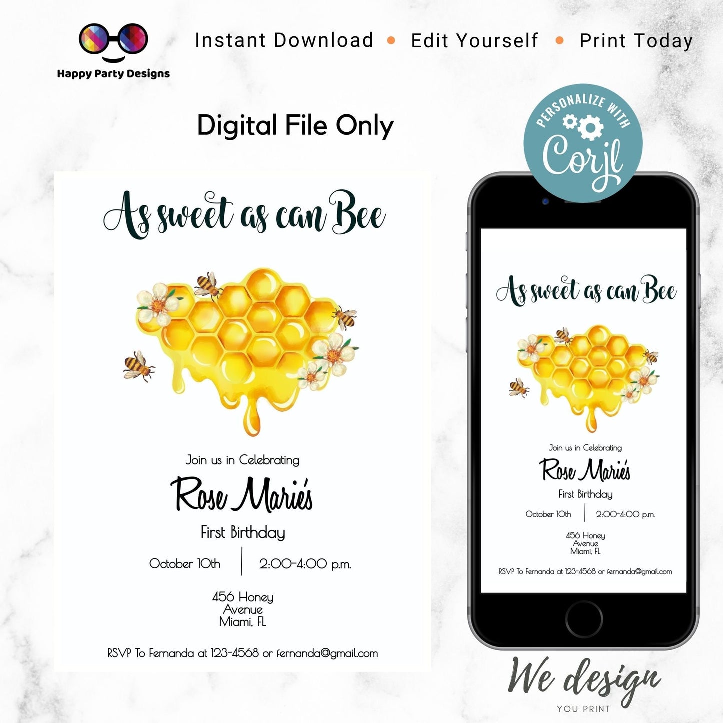 Editable As sweet as can Bee Invitation | First Birthday | Girl | Boy | Watercolor | Bee Birthday | Bee themed party | Instant Download