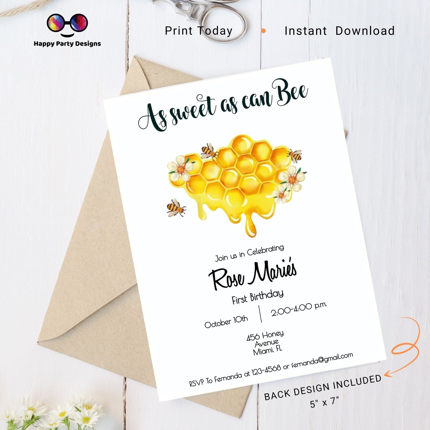 Editable As sweet as can Bee Invitation | First Birthday | Girl | Boy | Watercolor | Bee Birthday | Bee themed party | Instant Download