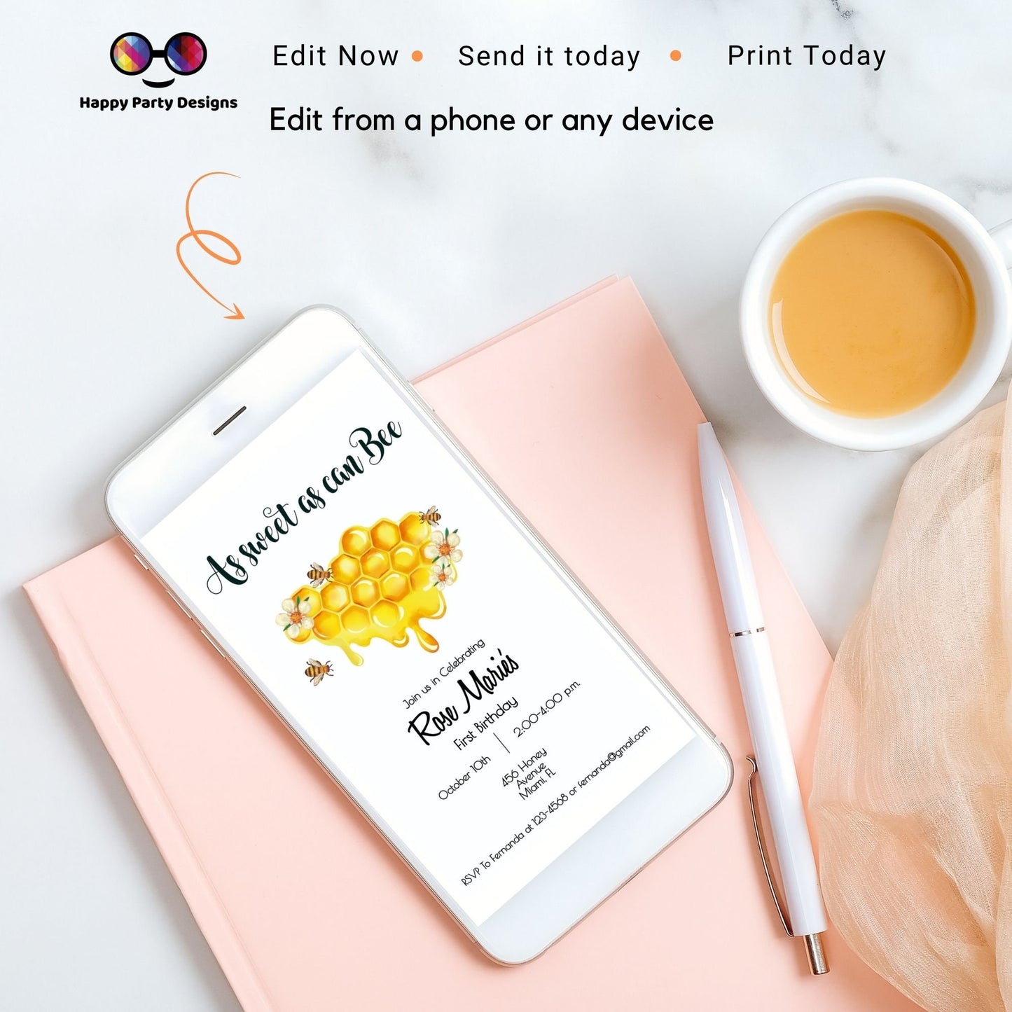 Editable As sweet as can Bee Invitation | First Birthday | Girl | Boy | Watercolor | Bee Birthday | Bee themed party | Instant Download