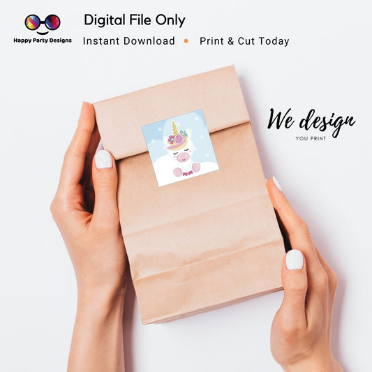 INSTANT DOWNLOAD  Unicorn Birthday Party  | Snack Stickers | Square tag | Party Favor Gift Bag Tags | Print at Home | Unicorn Themed Party