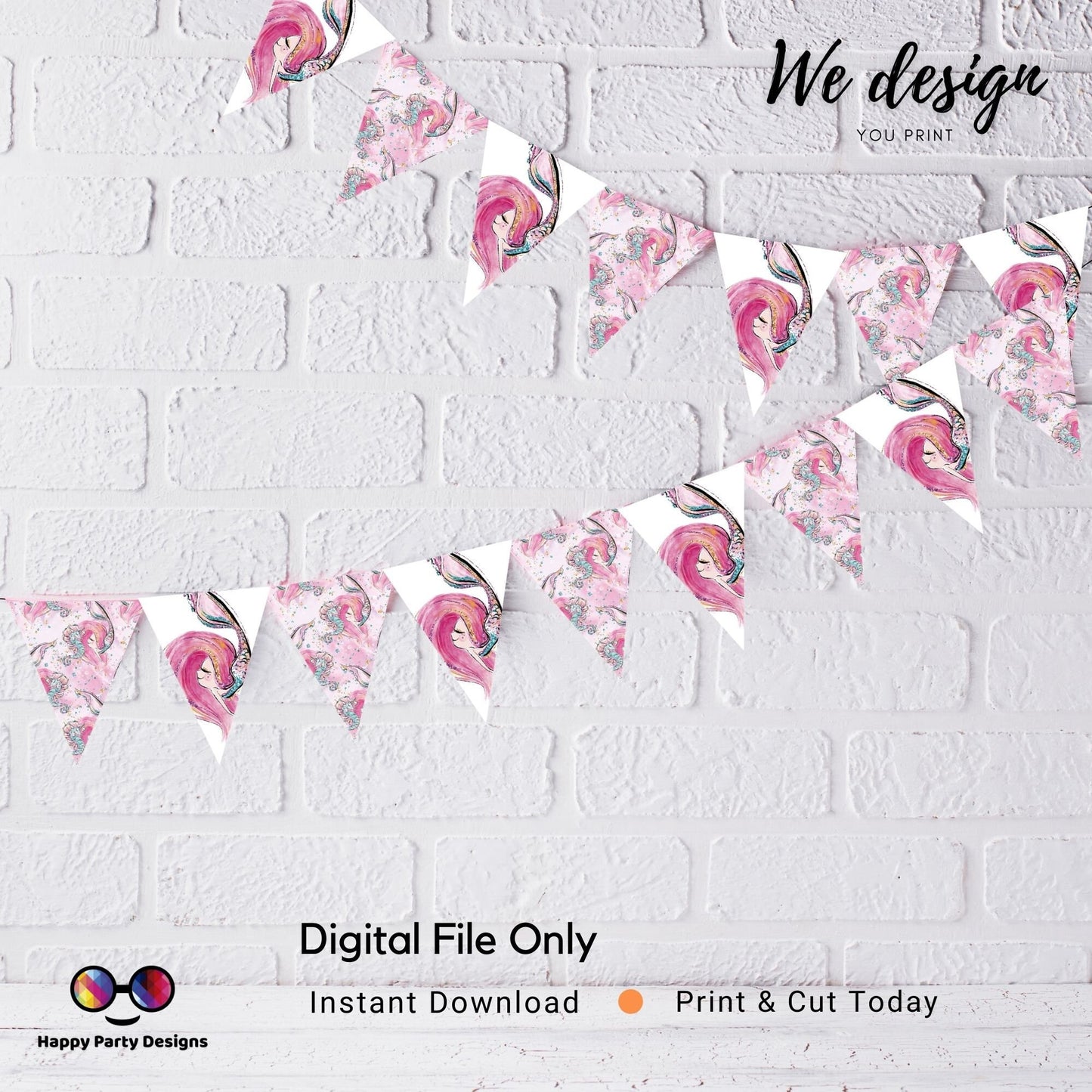 PRINTABLE Mermaid Pennant Banner | Mermaid watercolor | Mermaid birthday |  Instant Download | Just Print, Cut and Hang!