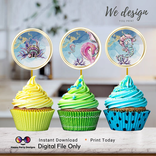 Mermaid Cupcake Toppers | Girl Birthday Party | Digital Mermaid Decorations | INSTANT DOWNLOAD | printable | Watercolor | Stickers/Tags
