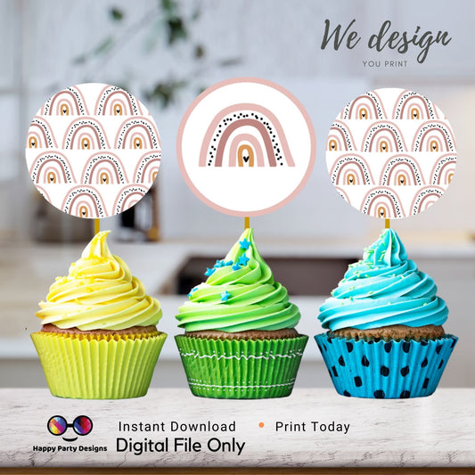 Boho Rainbow Cupcake Toppers | Birthday Party | Digital Boho Rainbow Decorations | INSTANT DOWNLOAD | printable  | | Toppers/Stickers/Tags