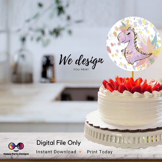 PRINTABLE Round Dino Cake Topper, Girl Birthday Party Cake Topper, Dinosaur Birthday Cake Topper, Center pieces, instant download