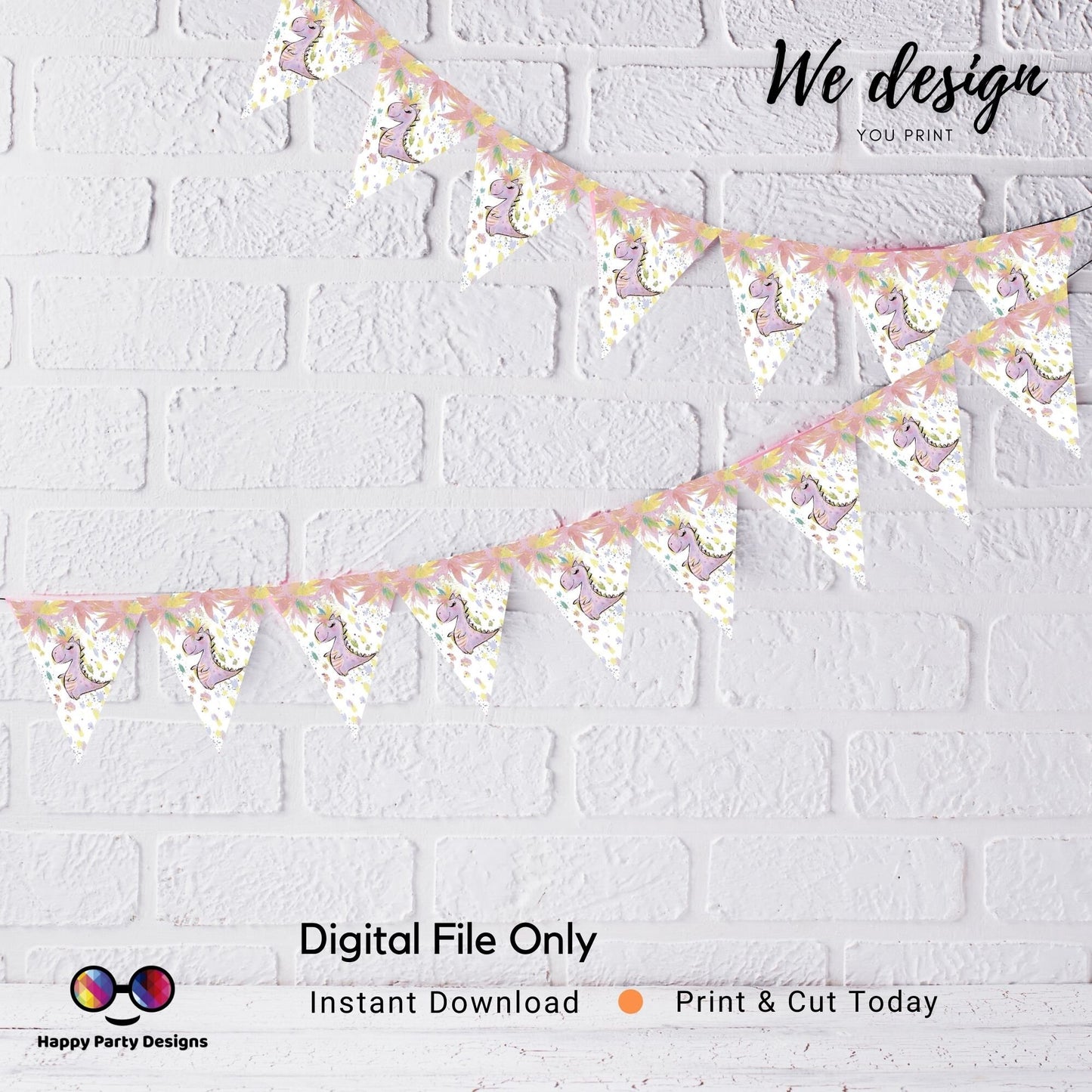 Dino Girl Party Banner| INSTANT DOWNLOAD | Bunting | Dinosaur | PRINTABLE Dino Pennant Banner | Instant Download | Just Print, Cut and Hang!